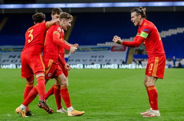 CARDIFF, WALES - 15 NOVEMBER, 2020: Wales' David Brooks scores and celebrates with team mates during to the Group H Nations League fixture between Wales & Republic of Ireland at the Cardiff City Stadium, Cardiff, Wales, on the 15th of November 2020.