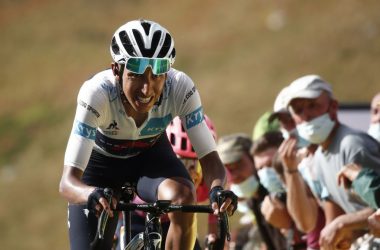 Colombia's Egan Bernal crosses the finish line of the stage 13 of the Tour de France cycling race over 191 kilometers from Chatel-Guyon to Puy Mary, Friday, Sept. 11, 2020. (Benoit Tessier, Pool via AP)