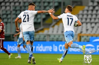 Immobile e Milinkovic festeggiano dopo il goal al Torino
