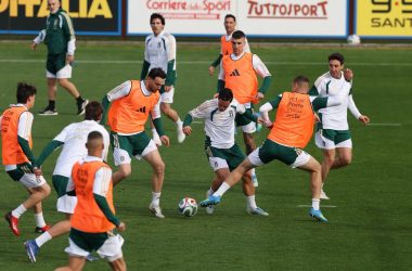 FLORENCE, ITALY - MARCH 29:  Players of Italy in action during the Italy training session at Centro Tecnico Federale di Coverciano on March 29, 2026 in Florence, Italy. (Photo by Claudio Villa - FIGC/FIGC via Getty Images)