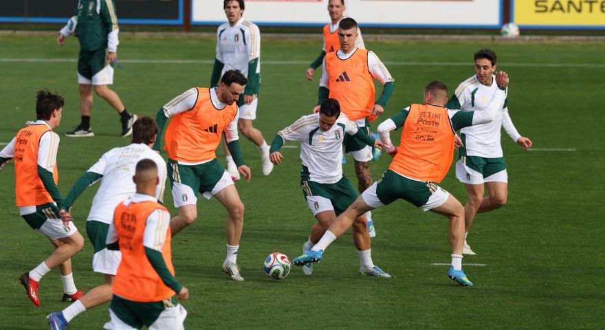FLORENCE, ITALY - MARCH 29:  Players of Italy in action during the Italy training session at Centro Tecnico Federale di Coverciano on March 29, 2026 in Florence, Italy. (Photo by Claudio Villa - FIGC/FIGC via Getty Images)