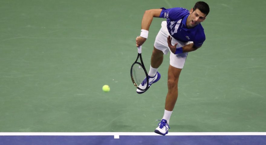 NEW YORK, NEW YORK - AUGUST 31: Novak Djokovic of Serbia serves during his Men's Singles first round match against Damir Dzumhur of Bosnia and Herzegovina on Day One of the 2020 US Open at the USTA Billie Jean King National Tennis Center on August 31, 2020 in the Queens borough of New York City. (Photo by Matthew Stockman/Getty Images)