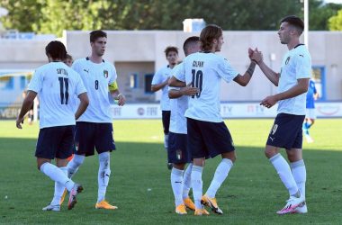 LIGNANO SABBIADORO, ITALY - SEPTEMBER 03:  Andrea Colpani of Italy U21 celebrates with teammates after scoring the opening goal during the International Friendly match between Italy U21 and Slovenia U21 at Stadio Guido Teghil on September 03, 2020 in Lignano Sabbiadoro, Italy. (Photo by Alessandro Sabattini/Getty Images)
