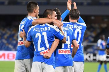 NAPLES, ITALY - JUNE 13:  Dries Mertens of Napoli celebrates with teammates after scoring the equalizing goal during the Coppa Italia Semi-Final Second Leg match between SSC Napoli and FC Internazionale at Stadio San Paolo on June 13, 2020 in Naples, Italy.  (Photo by SSC NAPOLI/SSC NAPOLI via Getty Images )