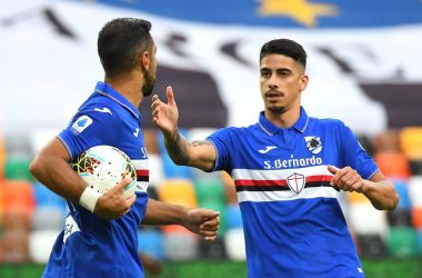 UDINE, ITALY - JULY 12: Fabio Quagliarella of UC Sampdoria celebrates after scoring the 1-1 goal during the Serie A match between Udinese Calcio and  UC Sampdoria at Stadio Friuli on July 12, 2020 in Udine, Italy. (Photo by Alessandro Sabattini/Getty Images)