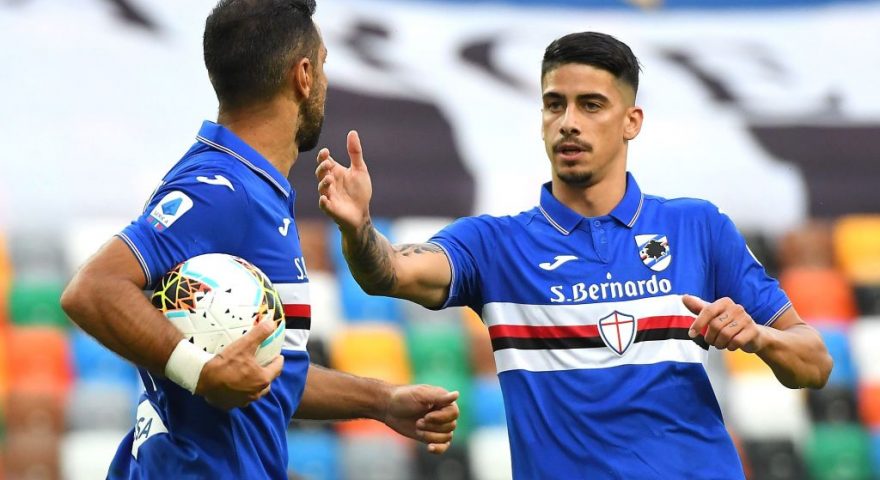 UDINE, ITALY - JULY 12: Fabio Quagliarella of UC Sampdoria celebrates after scoring the 1-1 goal during the Serie A match between Udinese Calcio and  UC Sampdoria at Stadio Friuli on July 12, 2020 in Udine, Italy. (Photo by Alessandro Sabattini/Getty Images)