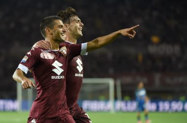 TURIN, ITALY - MAY 28:  (L-R) Iago Falque of FC Torino celebrates his first goal with Lucas Boye of FC Torino during the Serie A match between FC Torino and US Sassuolo at Stadio Olimpico di Torino on May 28, 2017 in Turin, Italy.  (Photo by Pier Marco Tacca/Getty Images)